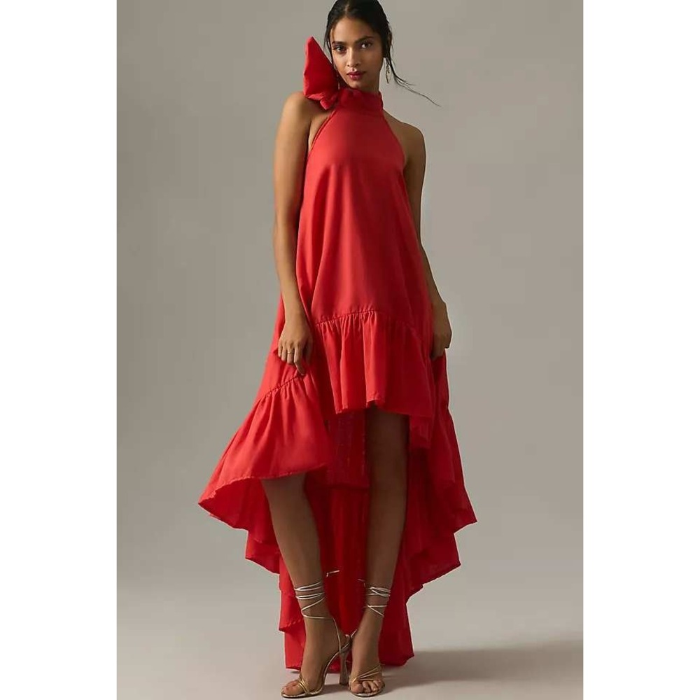 Erika Peña High-Low Voile‎ Halter Dress Red Orange Cotton Open Back Bow M/L NWT